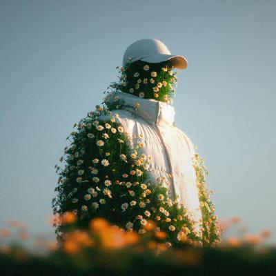 My GitHub avatar: a figure in a white cap and jacket, covered in daisies.